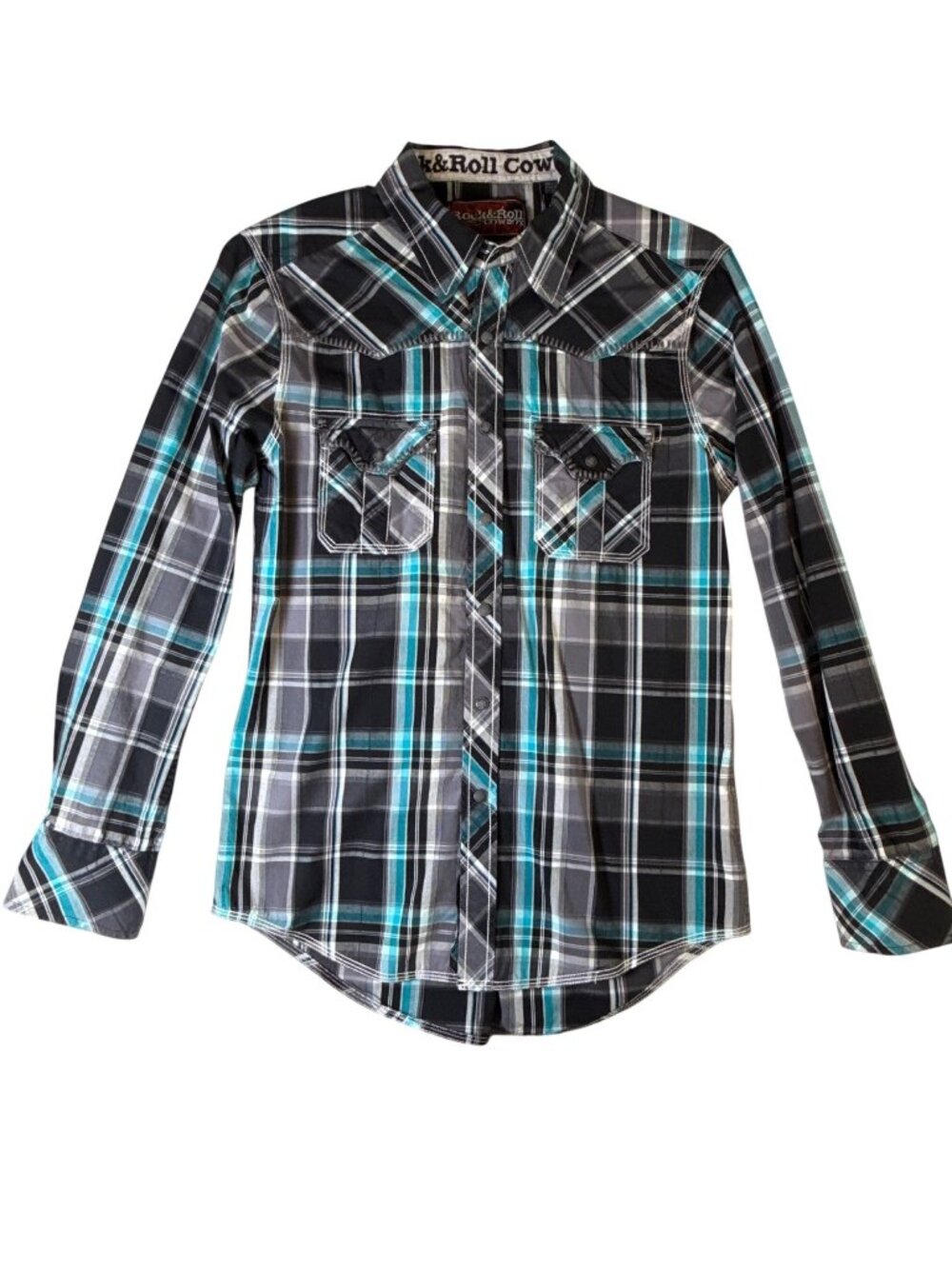 Rock & Roll Cowboy Mens Long Sleeve Western Snap Shirt~Size S~Teal Black L12 04